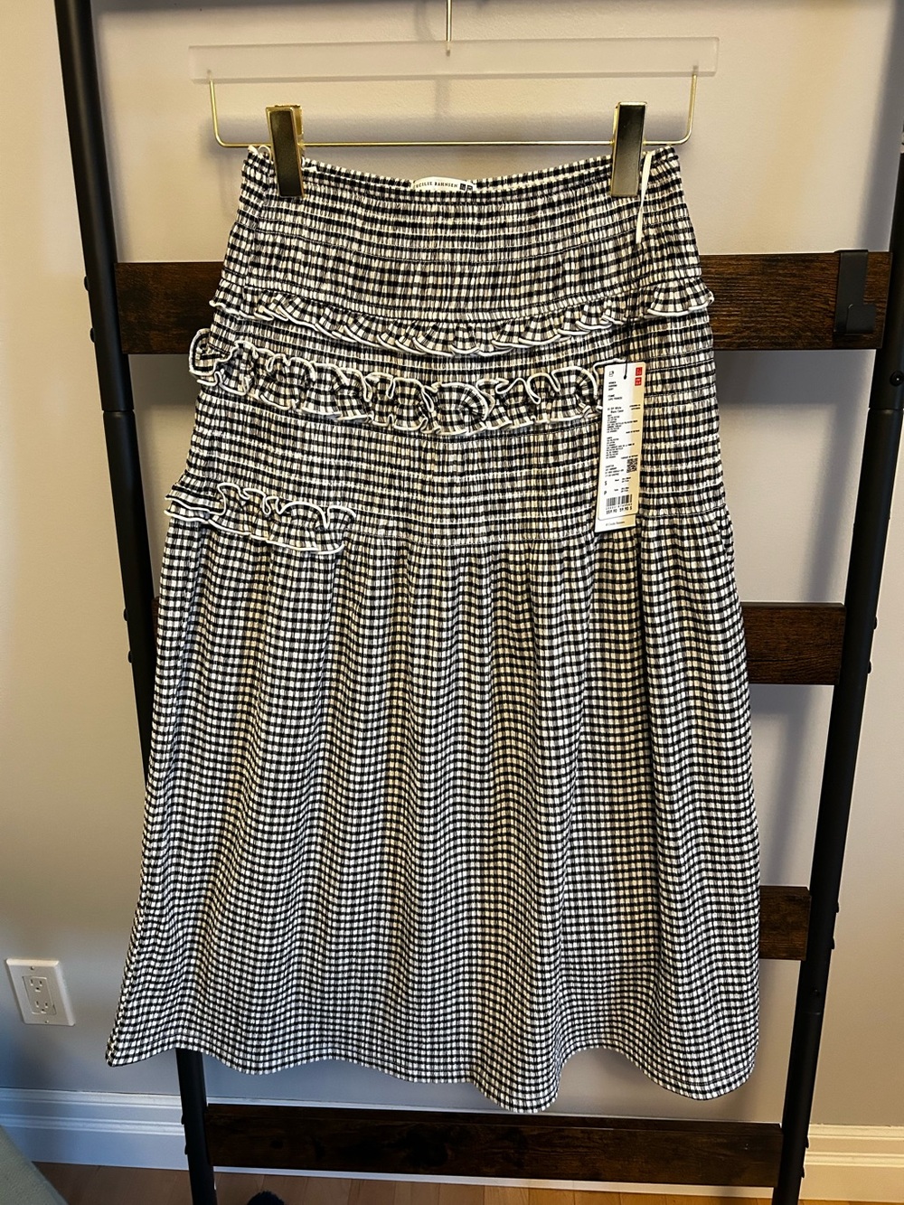 Cecilie Bahnsen Uniqlo gingham shirring skirt featuring tiered ruffle detail